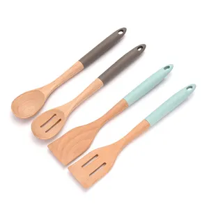 Non stick camping cooking tools wooden bamboo silicone kitchen utensil set