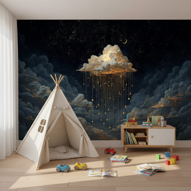 Self Adhesive Waterproof Modern Kids Room Wall Paper Golden Clouds Night Sky Wallpaper Mural with Easy Installation