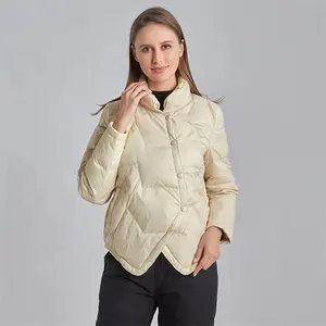 Zeyi Mode Vrouwen Stand Kraag Beige Donsjack Lange Mouwen Met Button Eenvoudige Stijl Vrouwen Down Jas