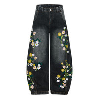Jeans pour hommes, hiver et automne, vintage, broderie florale, lavage à la chaux, lavage au sable, taille mi-haute, coupe bootcut, ample, large