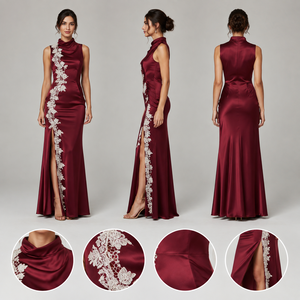 <span class=keywords><strong>Robe</strong></span> <span class=keywords><strong>longue</strong></span> sans manches bordeaux pour femme avec col drapé, appliques en dentelle, fente latérale et silhouette sirène ajustée - Product Image 3