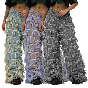DiZNEW <span class=keywords><strong>Jeans</strong></span> Baggy à Franges pour Femmes, Style Streetwear, Sur Mesure, en Tissu Lourd - Product Image 1