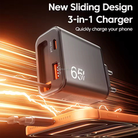 Chargeur rapide USB Type C 65W avec prise EU US UK, câble Type-C rétractable intégré, chargeur mural USB-C PD portable 65W