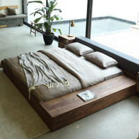 Cama Baja Minimalista de Madera Maciza de 1.8m, Cama de Plataforma Tatami de Nogal Negro Japonés, Cama Extra Ancha para Dormitorio