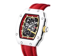 Montre mécanique automatique de luxe ajourée, boîtier tonneau, bracelet en nylon, montre-bracelet habillée pour homme