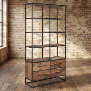 Bibliothèque grise de style ferme en fer, bois et métal, design antique, 4 tiroirs, pour salon, bureau à domicile, villa, mobilier industriel - Product Image 2