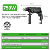 Perceuse à percussion mini Fumetax 750W, réversible, 0-3000 tr/min, mandrin 1/2 pouce, couple réglable, 275 in-lb, impact, garantie 2 ans, bois, métal