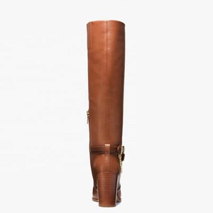 Metal Chain Chunky <b>Heels</b> Long Booties <b>Round</b> <b>Toe</b> Back Zipper Knight Shoes Women Western Style Knee High Boots - Product Image 4