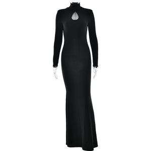 Robe sirène à col haut, manches longues, coupe ajustée, couleur unie, robe de soirée pour femmes - Product Image 5