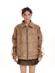 Chaquetas <span class=keywords><strong>de</strong></span> concha para hombre con cadenas <span class=keywords><strong>de</strong></span> cuero sintético Vintage personalizado Loose Varsity Biker parejas hombres tejido Regular sólido M-XL - Product Image 4