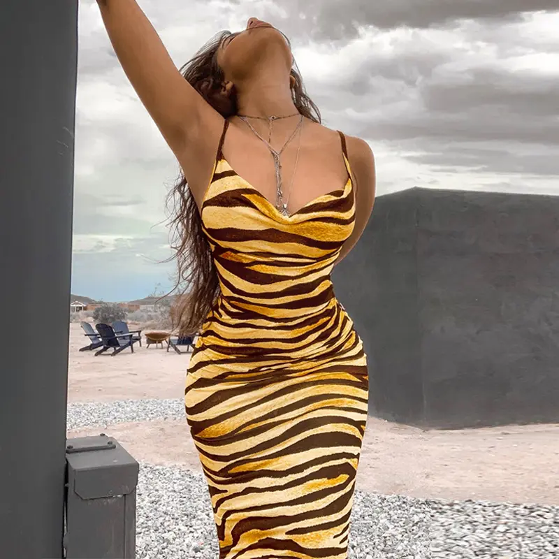 Zebra Print Vrouwen Strap Midi Jurk Terug Slit Bodycon Sexy Streetwear Party Festival Club 2022 Herfst Winter Kleding