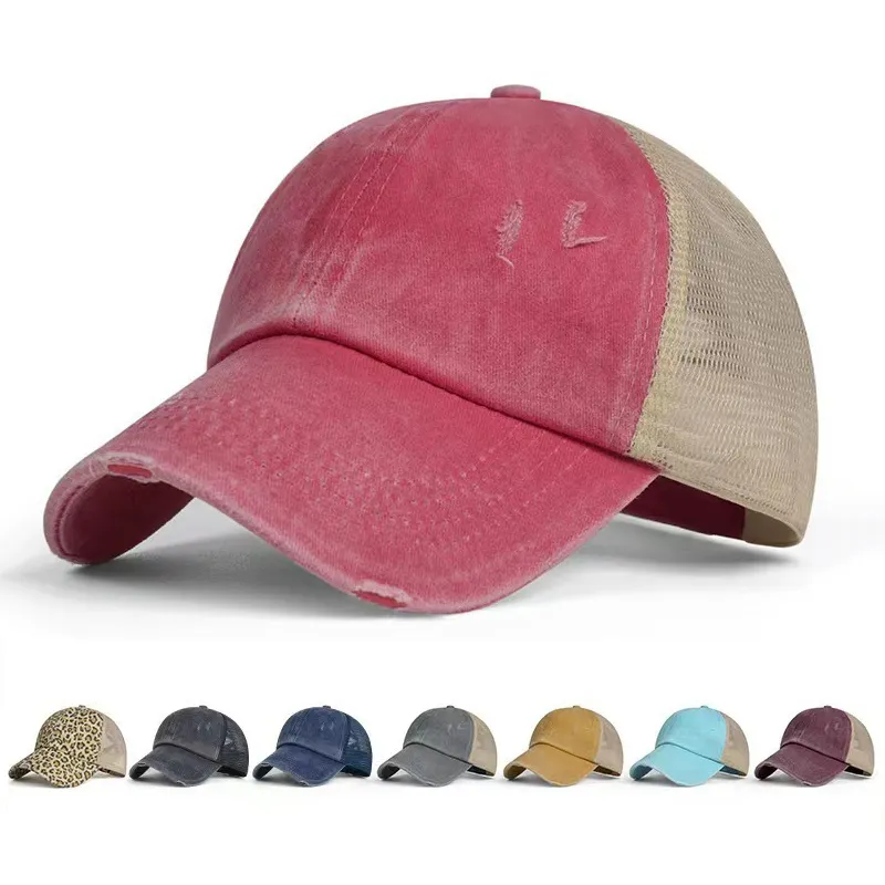 Großhandel mehrfarbige benutzer definierte Vintage 6 Panel Cap Blank Mesh Back Hüte Outdoor Distressed Trucker Hut