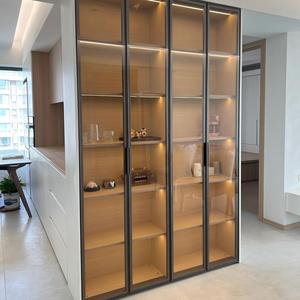 Moderna Anta in Vetro con Telaio Sottile in Alluminio per Armadio da <span class=keywords><strong>Cucina</strong></span>, Inserto in Vetro Temperato Scanalato di Lusso, <span class=keywords><strong>Misura</strong></span> Personalizzabile - Product Image 1