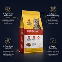 Sac d'emballage alimentaire pour animaux de compagnie avec fermeture éclair, imprimé de dessins animés personnalisés pour chat et chien