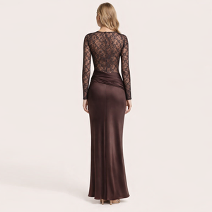 Abito Lungo Elegante da Sera per Donna, Sexy e Raffinato, in Pizzo e Raso, Manica Lunga, Produzione OEM Personalizzata, Vendita all'Ingrosso - Product Image 2