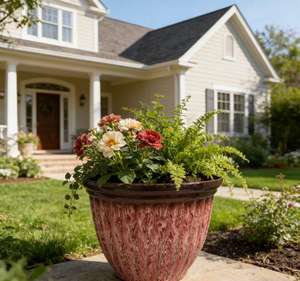 グラデーションブルーのテクスチャードレジン製植木鉢、茶色の縁取り、大口径、屋内外兼用ガーデン用プランター、芸術的な家の装飾に - Product Image 5