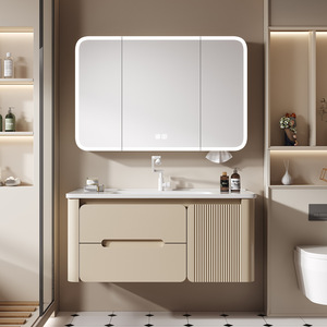 Mueble de baño italiano de titanio con lavabo de cerámica de una pieza y cajón color café con leche - Product Image 3