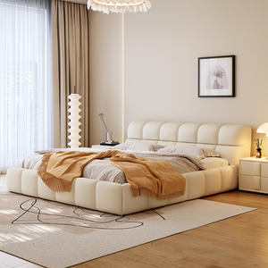 Letto Matrimoniale Contenitore Alto <span class=keywords><strong>in</strong></span> Tessuto Tecnologico Stile Moderno Semplice Italiano Panna con <span class=keywords><strong>Legno</strong></span> Massello per Camera da Letto Padronale - Product Image 2