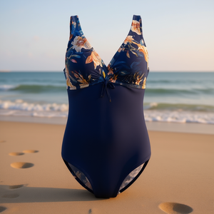 Costume da bagno intero HDJ blu navy con stampa floreale, controllo pancia, taglie forti, scollo a V profondo, con bordo a contrasto - Product Image 2