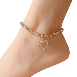 Fashion 18k Gold Plated Bling Diamond Crystal Heart Pendant Ankle Bracelet Rhinestone Tennis Heart Anklet for women foot jewelry