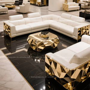 Sofá Seccional de esquina Sofá <span class=keywords><strong>en</strong></span> forma de 7 Sofá <span class=keywords><strong>en</strong></span> forma de <span class=keywords><strong>L</strong></span> blanco y dorado conjunto de sofás blanco con dorado - Product Image 1