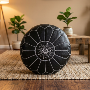 Black Genuine Leather <b>Pouf</b> Cover Embroidered Bohemian Style Handmade Home Decor Cushion Geometric Design Drawstring Closure - Product Image 5