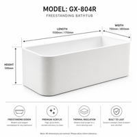 Baignoire autoportante rectangulaire en acrylique/roche artificielle, design profond pour trempage, portable pour hôtel, salle de bain moderne, écologique, facile à installer