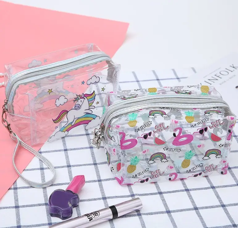 Las mujeres al por mayor flamingo maquillaje bolsa de PVC barato bolsas de cosméticos claro imprimir unicornio bolsa de cosméticos