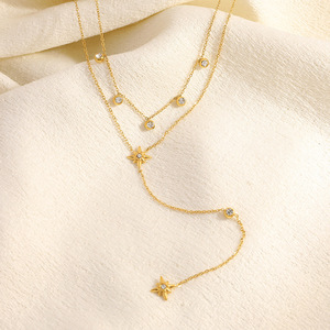 Collar de estrellas en capas chapado en oro de 18k con diamantes incrustados, cadena en Y, joyería para fiesta - Product Image 2