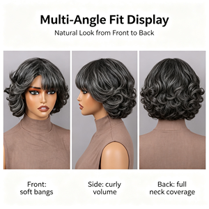 Perruques courtes bouclées en cheveux humains, mélange naturel gris foncé et clair, gris grand-mère, pour femmes matures, usage quotidien, perruque en cheveux naturels - Product Image 5
