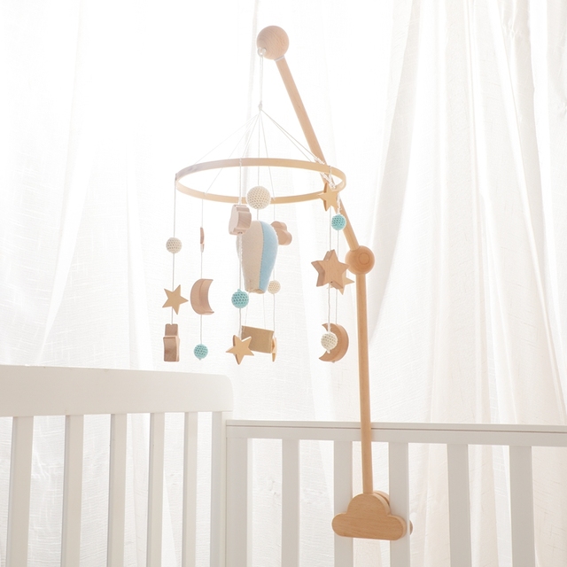 New Star Moon Musical Fixed Hot Air Balloon Bed Bell Felt Baby Crib Mobile Decoration Wooden Frame Sleep Toy