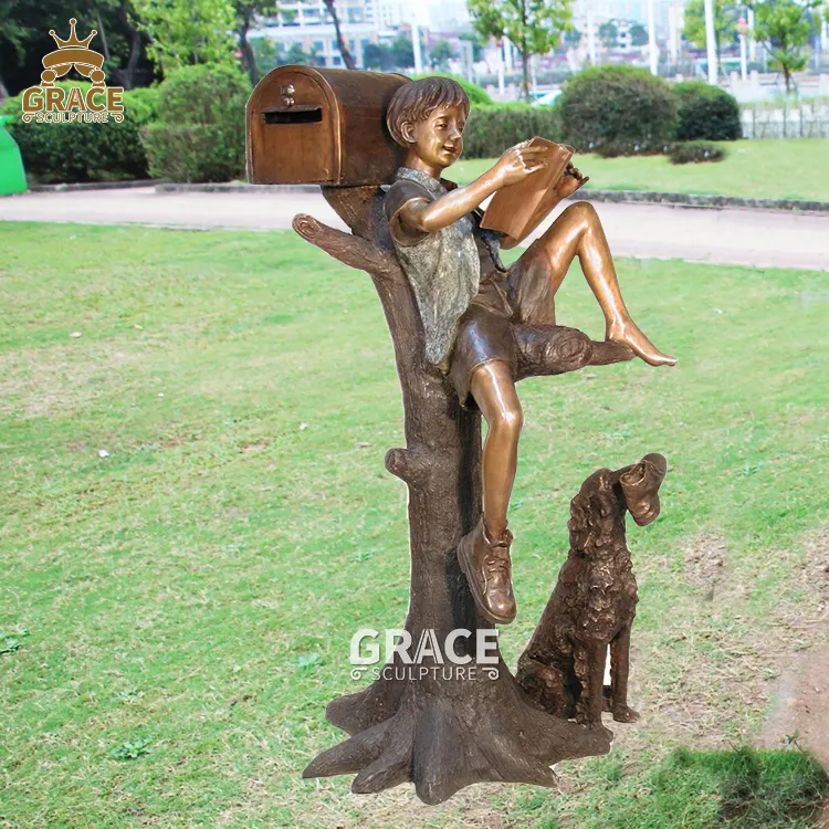Life Size Bronze Mail Box Sculpture Boy Leaned Against The Tree To Read Statue