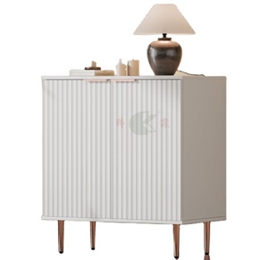 Buffet de rangement blanc rainuré avec étagères réglables, meuble de rangement en bois, pieds en métal doré, montage facile - Product Image 1