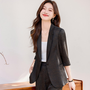 Women's Black Suit Set Summer Thin Style Three Quarter Sleeve Satin Professional Attire Breathable Elegant - Product Image 2