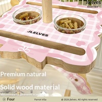 Mangeoire suspendue pour perroquets, bols en verre pour nourriture et eau, perchoir en bois, support d'alimentation pour oiseaux, pour calopsites, perruches, agapornis, ruban rose