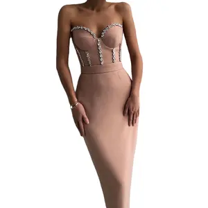Hot Selling Women Pink Bandage Dress Strapless Rhinestone Midi Dress Vestido De Festa