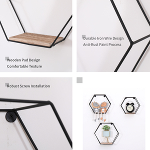 Étagères murales hexagonales flottantes noires, lot de 3 tailles différentes, étagère murale moderne en métal, simple, avec cloison en bois - Product Image 5