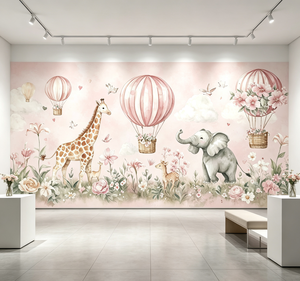 Wasserdichte Weiche Rosa Tierpark Wandbild Kinderzimmer Wanddekoration Wolke Heißluftballon Giraffe <span class=keywords><strong>Elefant</strong></span> Kindertapete - Product Image 2