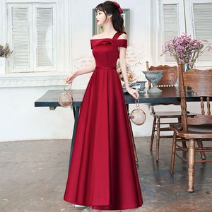 Off The Shoulder Burgundy Satin Evening Dress Natural Waist Long A Line Formal Wedding Party Dress - Product Image 3