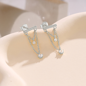 18K Gold Plated 925 Sterling Silver Zircon Double Layered Tassel Length <b>Chain</b> Diamond Ear <b>Stud</b> Womens <b>Earrings</b> - Product Image 6