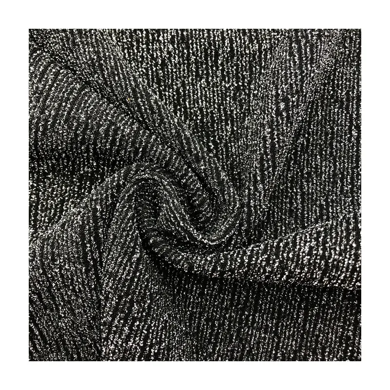 Fornecedor profissional preto metálico stretch malha 210gsm poliéster lurex spandex brilhante plissado tecido jacquard para roupas