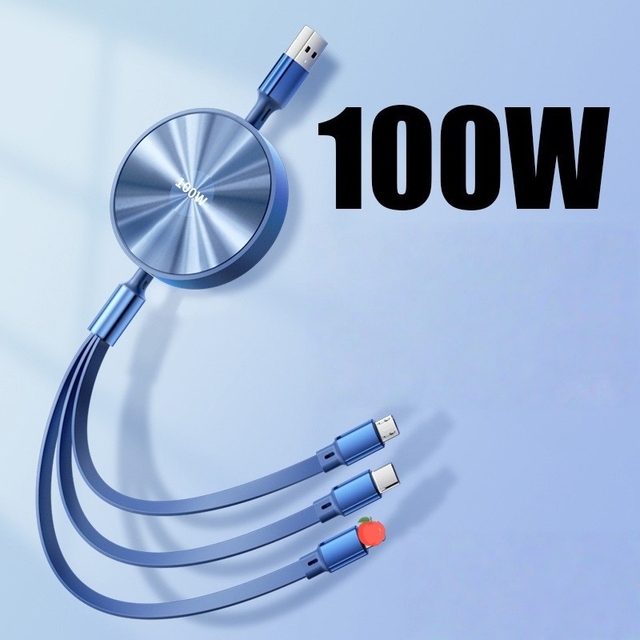 MQ Custom LOGO 3 in 1 Retractable Charging Cable 100W Fast Charging Multi USB Cable Type C Micro USB IOS Compatible
