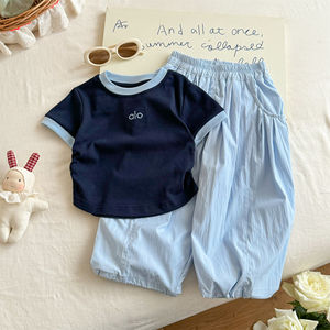 Tongxingyuan Girls Summer Outfit Set Short Sleeve Cotton Two Piece Thin Solid Color Children's Clothing - Product Image 2
