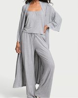 Damen 3-teiliges Modal-Set: Oberteil, Weite Hose mit Kordelzug, Langer Gürtel-Morgenmantel, Weicher Strick-Pyjama, Individuelle Anpassung Möglich