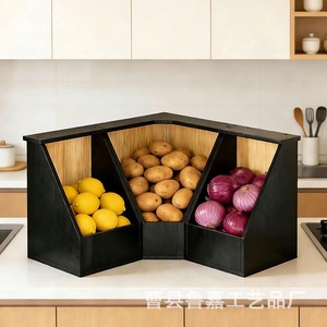 Caja de Almacenamiento de Esquina para Cocina de Madera Maciza Negra, Organizador de Frutas y Verduras de 3 Compartimentos, Contenedor de Almacenamiento de Alimentos para Escritorio - Product Image 2
