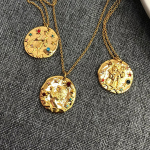 Collier pendentif disque rond en acier inoxydable plaqué or avec cristaux, motif <span class=keywords><strong>constellation</strong></span> étoilée et <span class=keywords><strong>signe</strong></span> du zodiaque NS1472 - Product Image 5