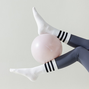 Yoga Socks White Mid-Calf Striped Non-Slip With Adhesive Sole For Yoga And Tennis Cotton Material Seamless Design - Product Image 2