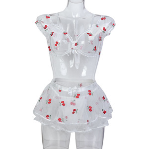 Conjunto de lencería de malla transparente con bordado de cerezas, tentación sexy, conjunto de sujetador de tres piezas al por mayor - Product Image 6