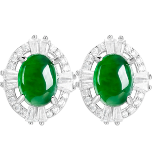 Natural genuine A-grade jadeite oval egg-shaped sun-<b>green</b> stud <b>earrings</b>, ice-grade jade, S925 silver setting, women's <b>earrings</b> - Product Image 5