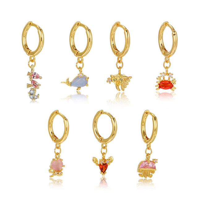 Fashion Designers Girl Zircon Brass Cute Drop Huggie Earrings Pendant 18K Gold Brass Jewelry Sea Animal Women Ear Hoop Cuff